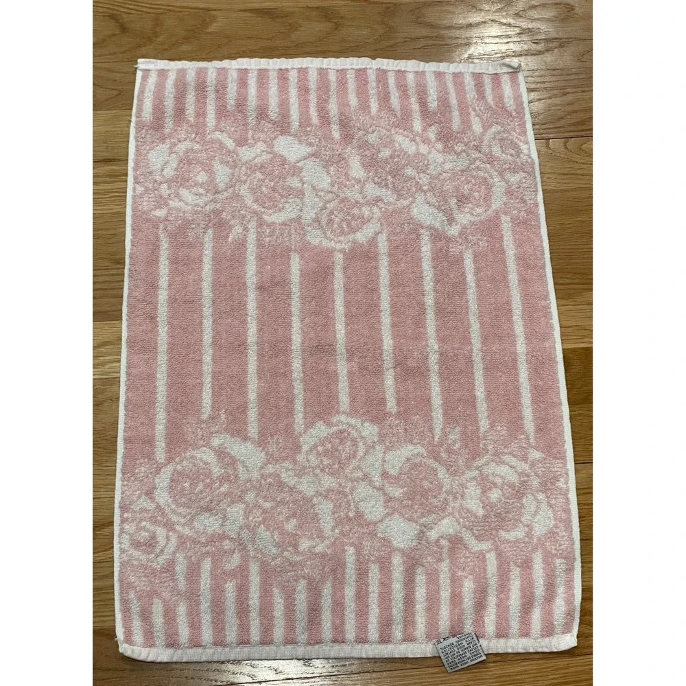 Vtg Colormate Stevens 3 Piece Towel Set Pink White Rose Stripe Bath‎ Hand Wash